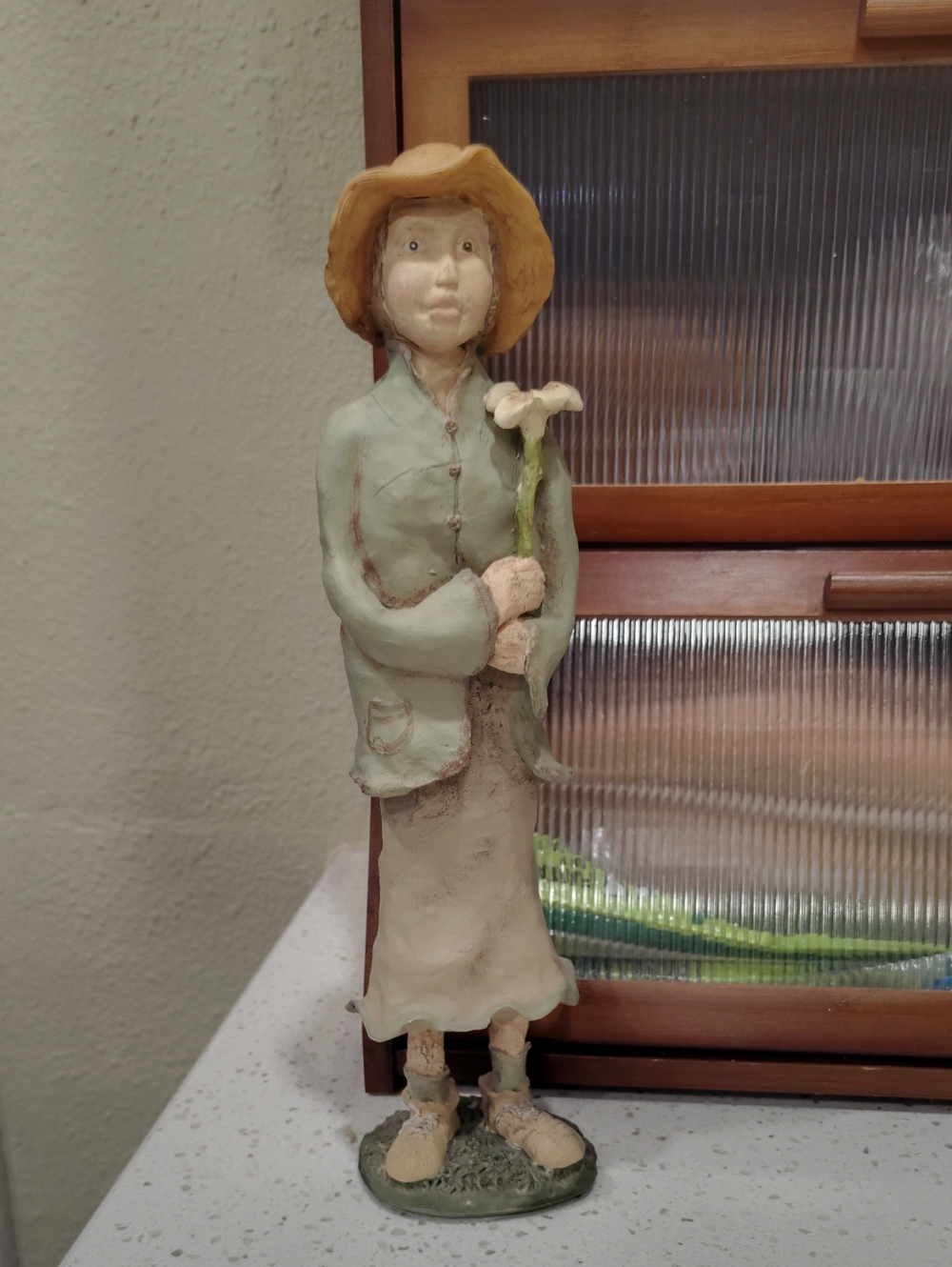 Folk Art Lady With Flower Figurine In Sage And Cream